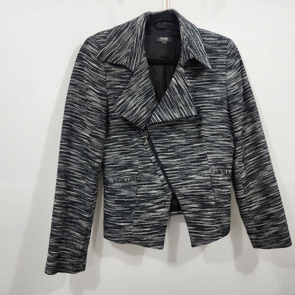Zanella Women's Black White Textured Zip-front Asymmetrical Bomber blazer Sz 10